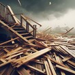A stormy sky looms over a pile of debris, including a broken staircase and wood planks.