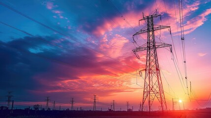 high-voltage power lines at sunset,high voltage electric transmission tower