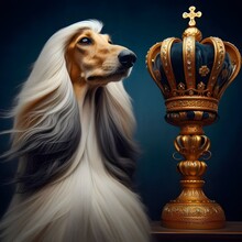 A Long-haired White And Gold Afghan Hound Stands Next To A Gold Crown.