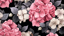 An Elegant Pattern Of Pink And White Flowers On A Dark Background
