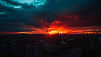 Wall Mural - Intense sunset over a city as darkness falls and the day comes to an end