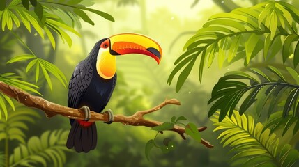 Toucan sitting on the branch in the forest, green vegetation