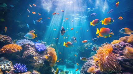 Sticker - Tropical sea underwater fishes on coral reef. Aquarium oceanarium wildlife colorful marine panorama landscape nature snorkel diving