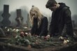 A young woman and man in a moment of silent grief and reflection, placing flowers on a grave in a misty cemetery, embodying the sorrow and remembrance of a funeral