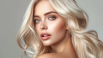 Beautiful girl with hair coloring in ultra blond. Stylish hairstyle done in a beauty salon. Fashion, cosmetics and makeup