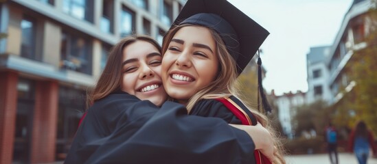 Wall Mural - Two women, related, embracing with diploma at university campus.