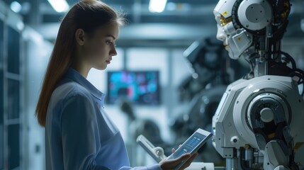 businesswoman with tablet at assembly robot in a factory