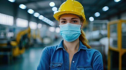 Factory woman worker or technician with hygienic mask stand with confident action with her co-worker engineer in workplace during concern about covid pandemic in people affect industrial business.