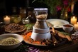 Spice grinder in action. Whole spices transform into flavorful dust. Twist, turn, and the aroma adjusts. Kitchen essential for a tasty creation. Grinding spices 