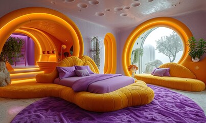 Wall Mural - Modern luxury bedroom in bright purple and orange with a large bed