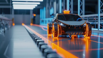 robotic car deploying its sensor array to navigate an obstacle course, showcasing agility and advanced robotics in automotive tech