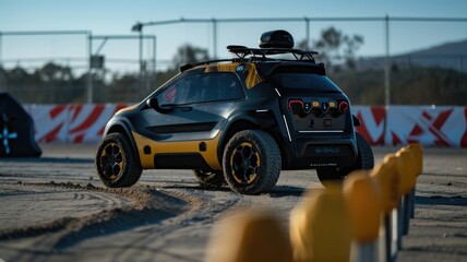 robotic car deploying its sensor array to navigate an obstacle course, showcasing agility and advanced robotics in automotive tech