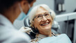 Happy elderly woman, pleased, sharing a smile, in dental chair with glasses