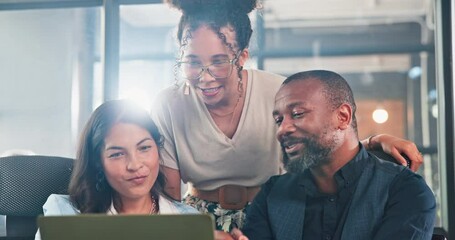 Poster - Happy, business and people in meeting with laptop for discussion, strategy or planning at office. Group of employees smile on computer for communication, networking or team collaboration at workplace