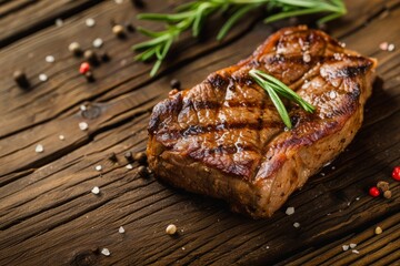Wall Mural - A succulent piece of grilled steak, on a rustic wood background.
