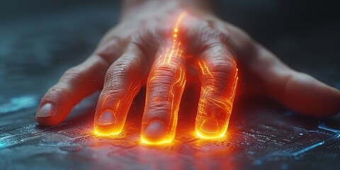 Leinwandbilder - Touch of Technology: A Hand Interacts with a Futuristic Interface, Highlighting Advanced Haptic and Biometric Systems, Generative AI