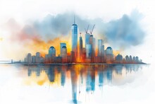Watercolor And Ink Illustration Of A Cityscape At Sunrise With Construction Cranes