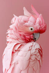 A close-up of a stunning pink cockatoo with its crest raised, posing against a soft pastel pink background..