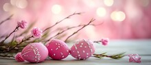 Decorated Easter Eggs And A Willow Branch Accompanied By Pink And Religious Symbols, Placed Beneath An Easter Banner.