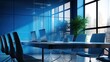 Intensely blue closeup of abstract meeting room