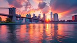 Fototapeta  - A breathtaking sunset over Manhattan, casting a warm glow across the iconic Manhattan and Brooklyn Bridges