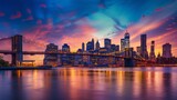 Fototapeta  - A breathtaking sunset over Manhattan, casting a warm glow across the iconic Manhattan and Brooklyn Bridges
