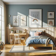 © Frank - Interior Kids Children's Girls Boys Bedroom with a Small Bed and Morning Light Coming Through a Large Window and a Large Empty Poster Mockup Frame on the Wall. Teddy Bear, Plants. Stylish Scandinavian