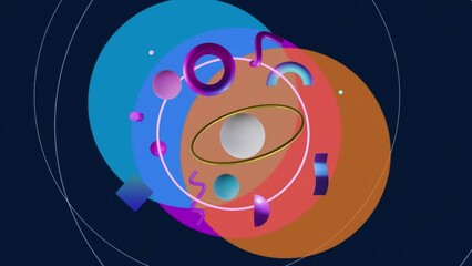 Poster - Animation of rotating gold ring with 3d shapes over blue, orange and purple circles on black