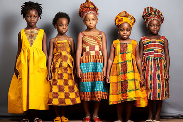 Group of aboriginal or indigenous people of Africa adorned in colorful ethnic attire.