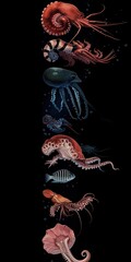 Wall Mural - A group of different types of sea creatures. Imitation of vintage zoology book illustrations.