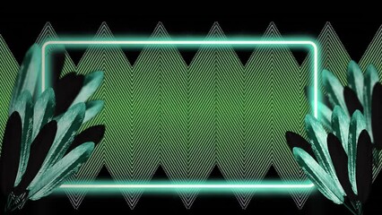 Wall Mural - animation of flashing green neon frame and leaves over zigzag striped background on black
