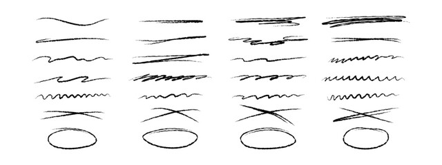 Poster - A set of hand lettering with a brush, emphasizing, strikethrough lines and ovals . Ornate swirls, decorative dividers. Underline stroke. Pencil or pen drawn lines. Vector collection of design elements