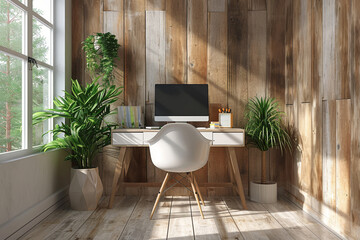 Poster - a small desk in a quiet nook of the house, providing a compact and peaceful work area. concept of ma