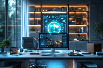Poster - a high-tech home office with smart home integrations, offering convenience and modern amenities. con