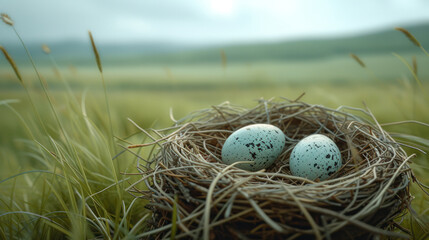 two eggs in a bird nest in a green grass