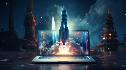 Futuristic concept of a rocket launching from a laptop screen. Fast working concept.