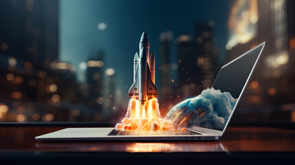 Futuristic concept of a rocket launching from a laptop screen. Fast working concept.