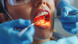 Dental exam: Woman's mouth inspected by dentist using food and tableware.