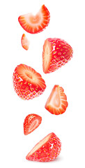 Poster - Floating strawberry pieces isolated on white background