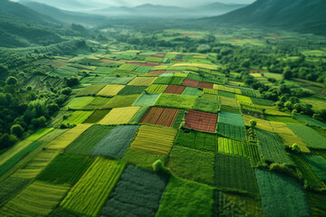 Canvas Print - Overhead shot of a geometrically patterned farmland, showcasing the patchwork of cultivation. Concept of agriculture and patterned landscapes. Generative Ai.