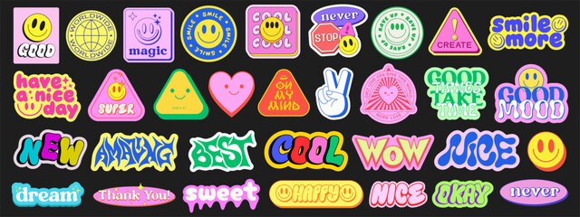 Poster - Set Of Cool Y2k Stickers Vector Design. Collection Of Pop Art Patches. Smile Emoji Graphic Elements. Groovy Badges. Graffiti Street Art Typography.