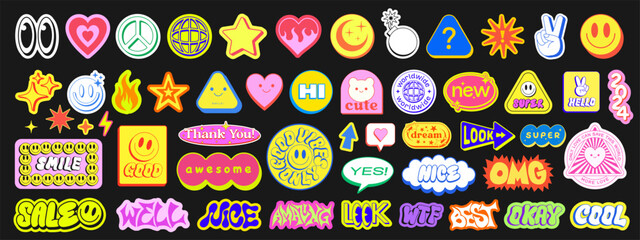 Poster - Set Of Cool Y2k Stickers Vector Design. Collection Of Pop Art Patches. Smile Emoji Graphic Elements. Groovy Badges. Graffiti Street Art Typography.