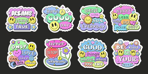 Aufkleber - Cool Groovy Smile Pop Art Stickers. Cute Comic Y2k Patches with Phrases.
