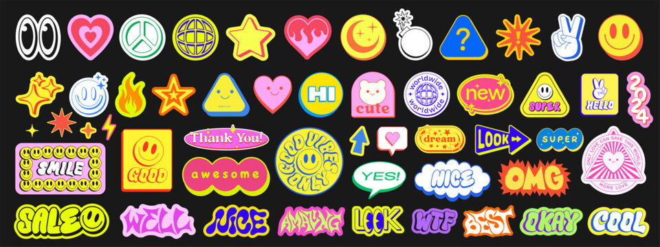 Set Of Cool Y2k Stickers Vector Design. Collection Of Pop Art Patches. Smile Emoji Graphic Elements. Groovy Badges. Graffiti Street Art Typography.