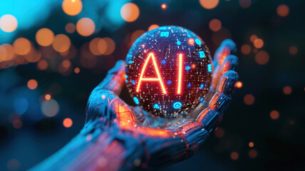 Aufkleber - Futuristic AI technology on robot hand, artificial intelligence digital tool on abstract dark background. Concept of data, tech, future, innovation, research and computer
