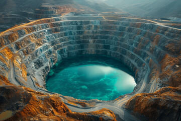 Poster - Aerial view of an open-pit mine, showcasing the scale of human extraction and its impact. Concept of industry and environmental photography. Generative Ai.