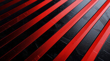 Abstract Modern Background Featuring Diagonal Red And Black Lines Or Stripes With A 3D Effect And A Metallic Sheen.