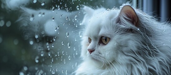 Poster - The raindrops on the window catch the attention of the white Persian cat.