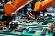 Robot manipulators assembling microchips in a factory creating microchip boards by robots
