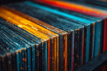 A Collection Of Vintage Vinyl Records Neatly Arranged On A Shelf, Capturing The Nostalgia Of Classic Music And Timeless Melodies. Concept Of Music Appreciation. Generative Ai.